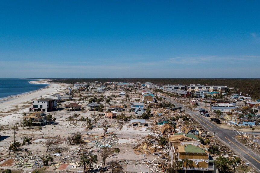 Aeiral photo showing debris and destruction of Mexico Beach area after Hurricane Michael