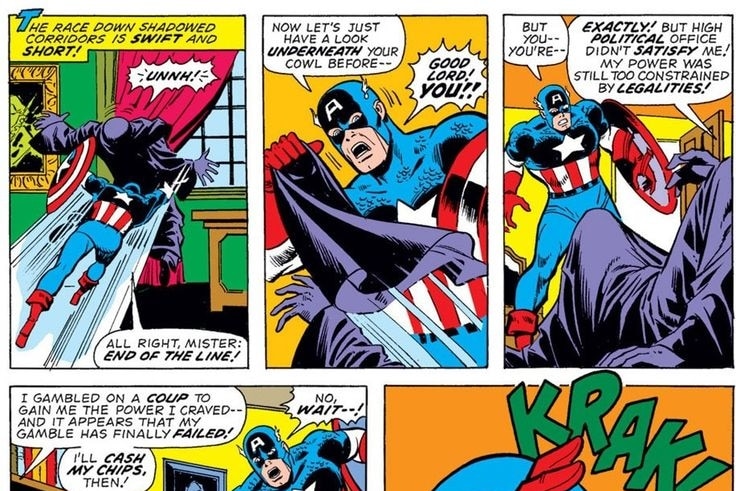 Comic book panels show Captain America unmasking a bad guy who then shoots himself.