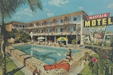 Postcard of old three storey motel with palm tree over the pool and a woman sunbathing by the unfenced pool