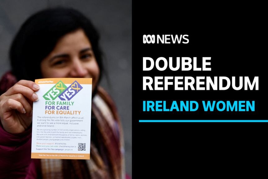Double Referendum, Ireland Women: Woman holds up pamphlet supporting a 'Yes' vote in the Irish referendum.