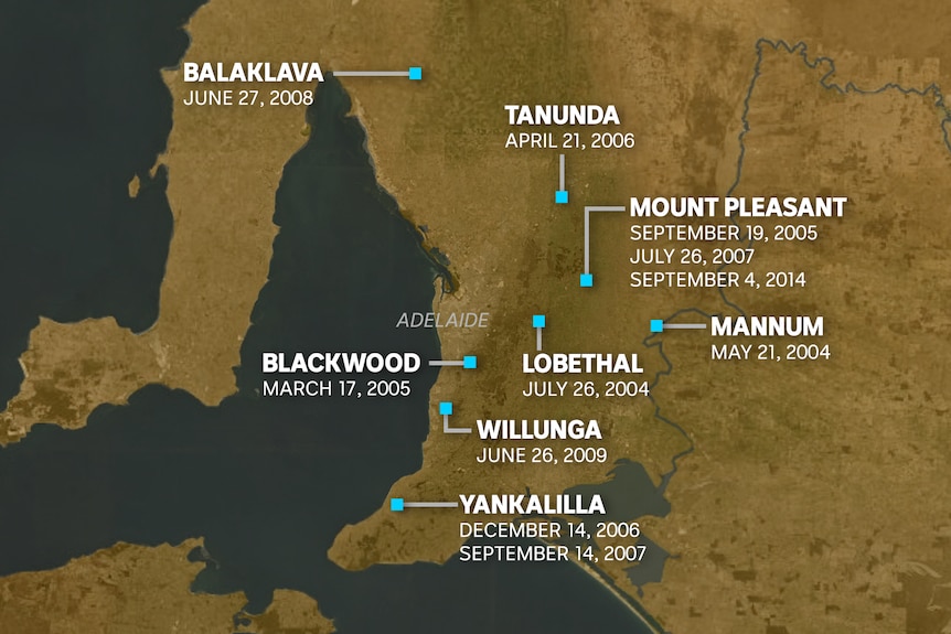 A map of the banks Parsons robbed across regional SA towns.