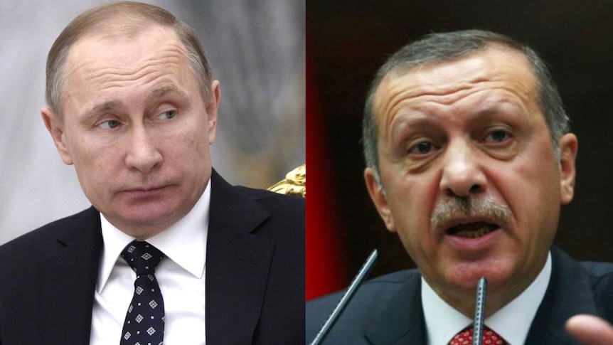 A composite image of Russian President Vladimir Putin (L) and Turkish President Recep Tayyip Erdogan (R).