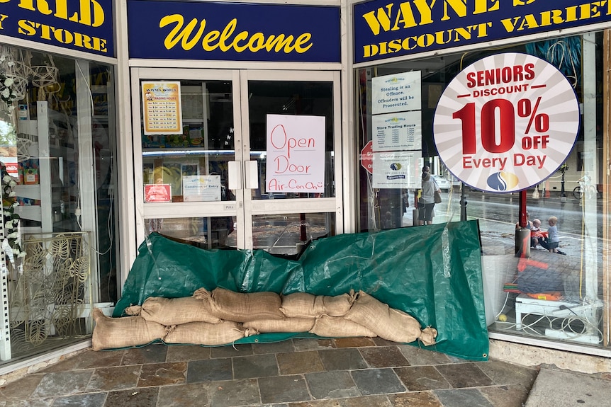 Sandbags outside a shop entrance