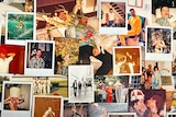 Dozens of photos, most arranged on top of each other, on a table