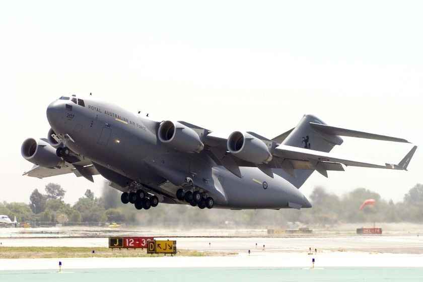 An RAAF C-17 Globemaster III aircraft takes off