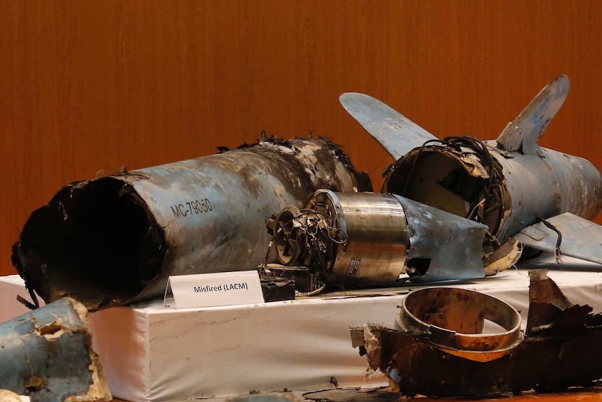 Remains of what was described as a misfired Iranian cruise missile, displayed during a Saudi military press conference.