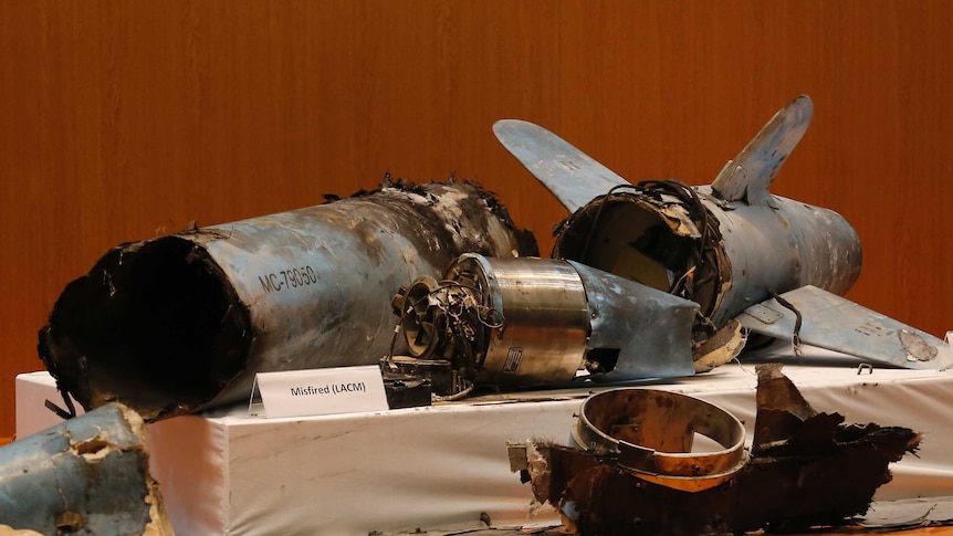 Remains of what was described as a misfired Iranian cruise missile, displayed during a Saudi military press conference.