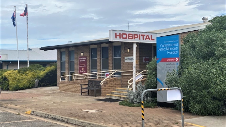 The front of a brown brick building with a HOSPITAL sign in red & a blue sign with the name next to a bush. 2 flags in backroud