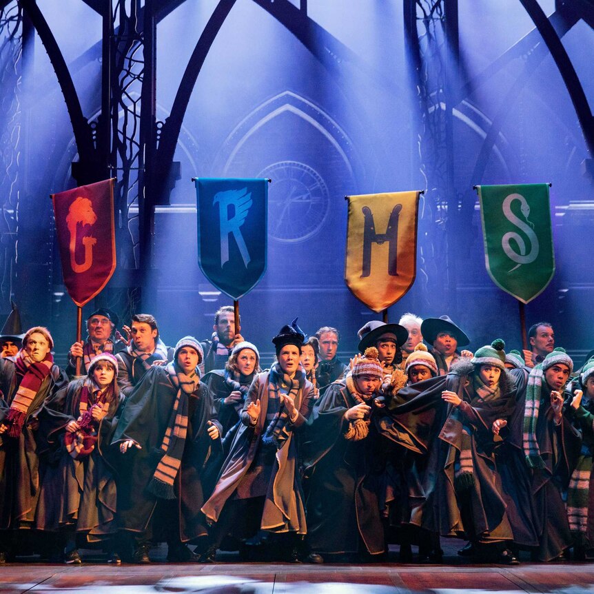 A group of young people in wizard's robes and scarves stand in front of banners bearing the letters G, R, H and S.
