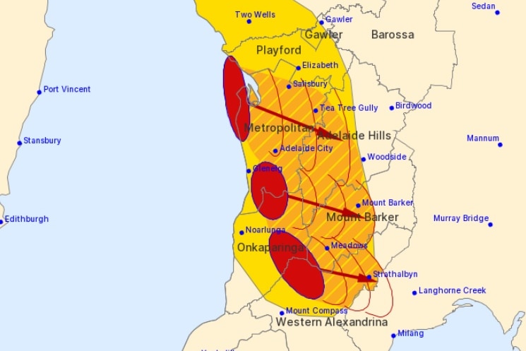 A map showing thunderstorms approaching Adelaide.