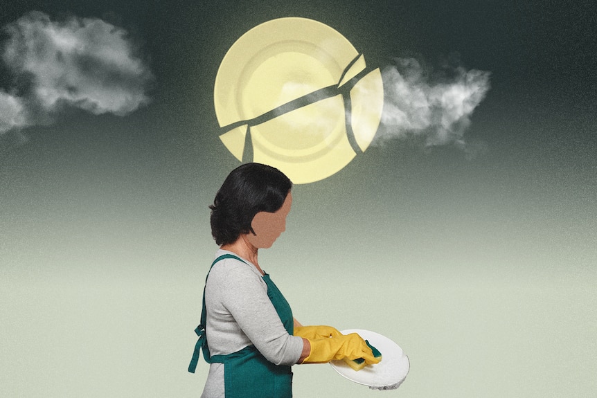 A graphic of a woman washing dishes.