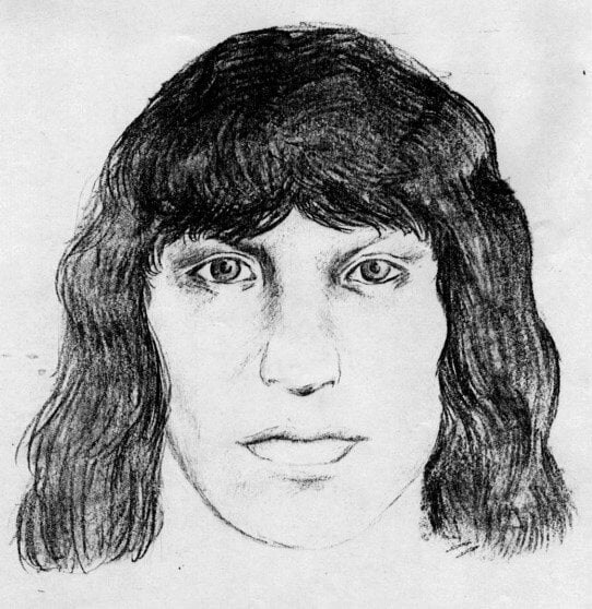 Black and white sketch of a man with long black hair