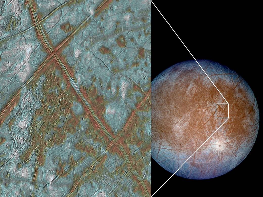 Close up of cracks on Jupiter's moon Europa