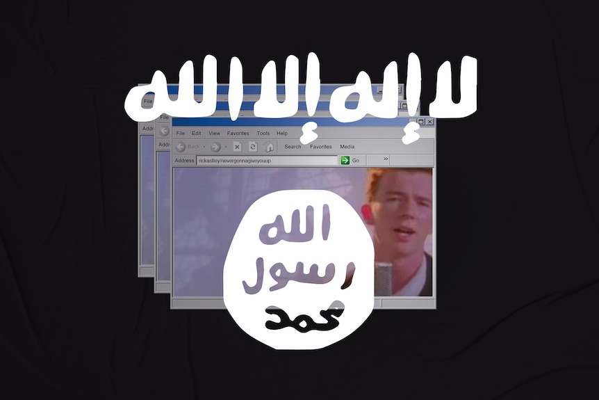 An illustration of Islamic State iconography superimposed over a browser window containing an image of Rick Astley.