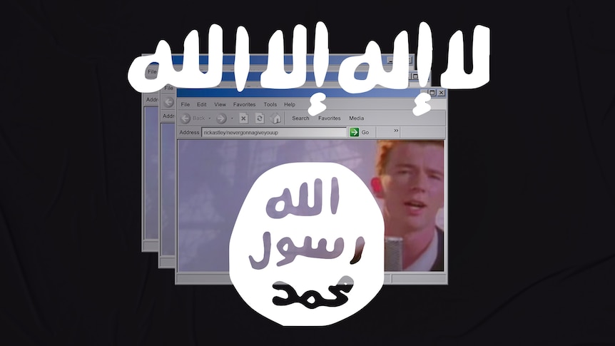 An illustration of Islamic State iconography superimposed over a browser window containing an image of Rick Astley.