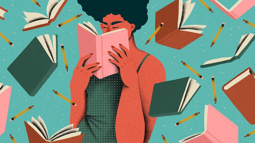 An illustration of a person holding a book up to their face and reading, books and pencils fall around them