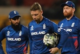 Adil Rashid, Jonny Bairstow and Jos Buttler look disappointed as they walk off the field after a loss