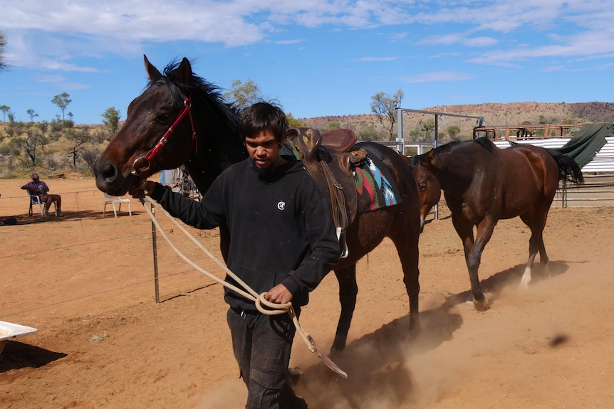 A young Indigenous man leads a string of horses.
