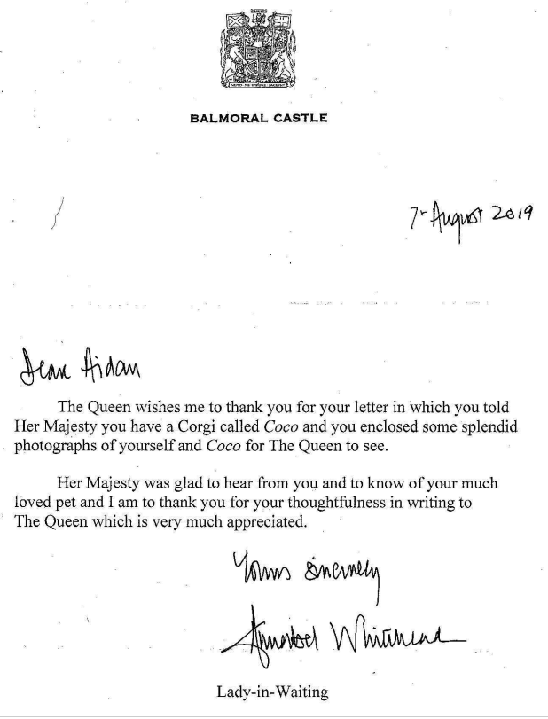 Een brief van Annabel Whitehead op Balmoral Castle stationair.