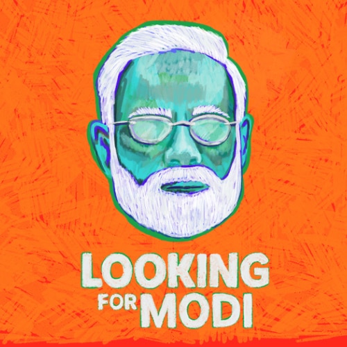 A blue and orange illustrated image of Narendra Modi's face, with text that reads "Looking for Modi".