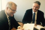 Mathias Cormann and Scott Morrison before the MYEFO was handed down