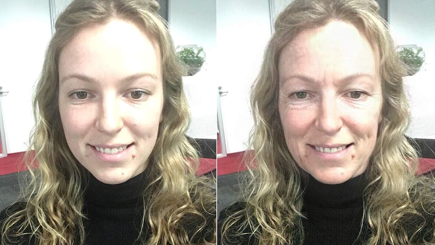 A composite image of a young woman and then a digitally altered older version of her