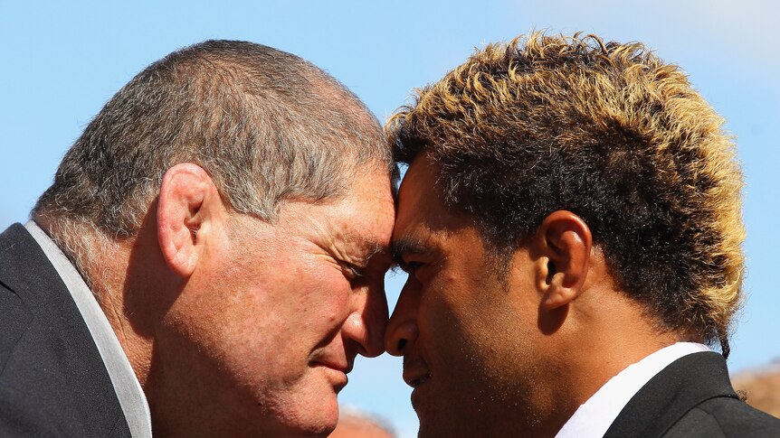 Definite starter ... Finau Maka (R) during Tonga's official team welcome in Auckland (Hannah Johnston: Getty Images)