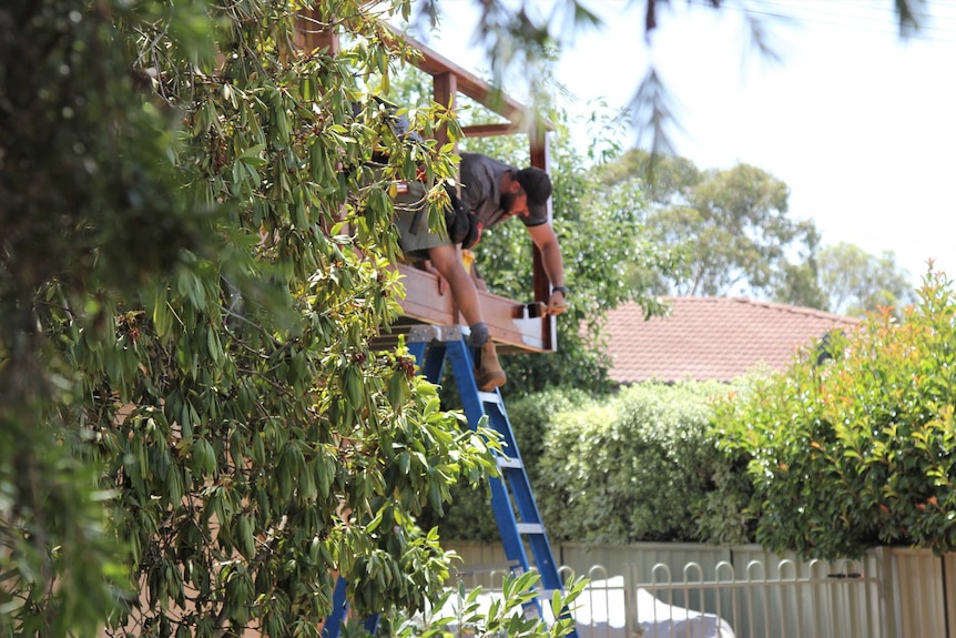 One carpenter leans over deck to polish, while another climbs up a ladder onto the desk. The house is among leafy trees.