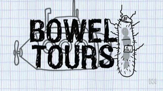 Graphic drawing of a submarine, text overlay reads "Bowel Tours"