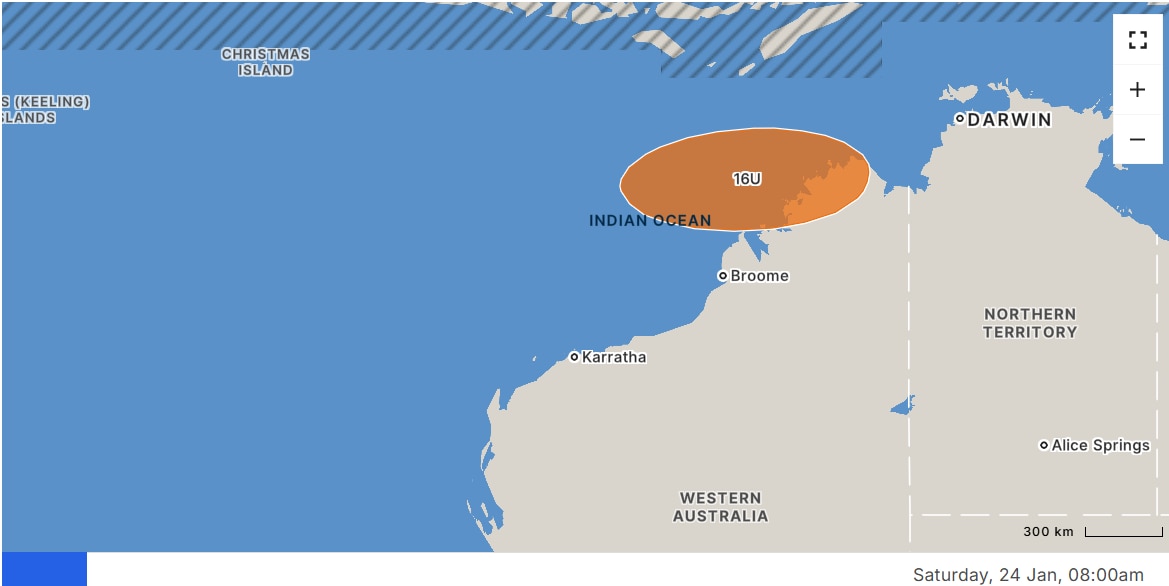Una captura de pantalla del mapa del norte de WA que muestra una baja tropical en naranja