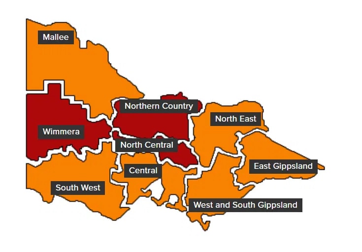 Un mapa de Victoria con los distritos de Wimmera, Northern Country y North Central en rojo y el resto del estado en naranja.
