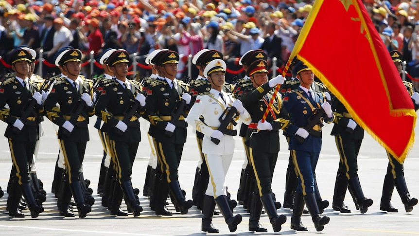 Soldiers march during a military parade