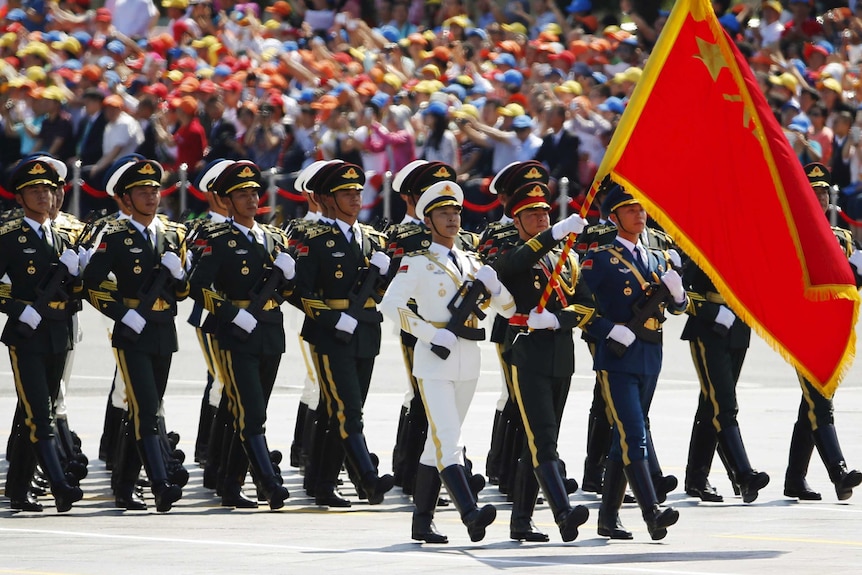 Soldiers march during a military parade