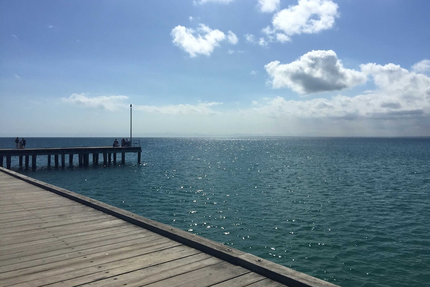 The view from a wooden jetty of the ocean. There are a few clouds in the sky on a sunny day.