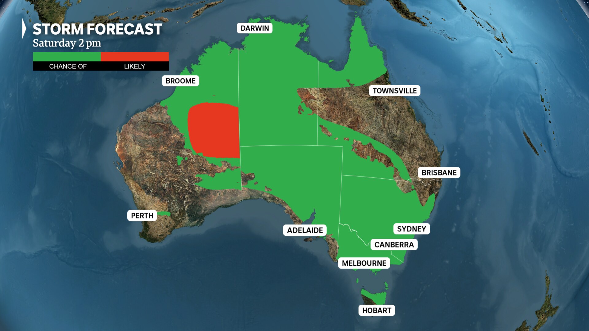 a weather map of australia showing the likelihood of storms from the tropics to the south-east states