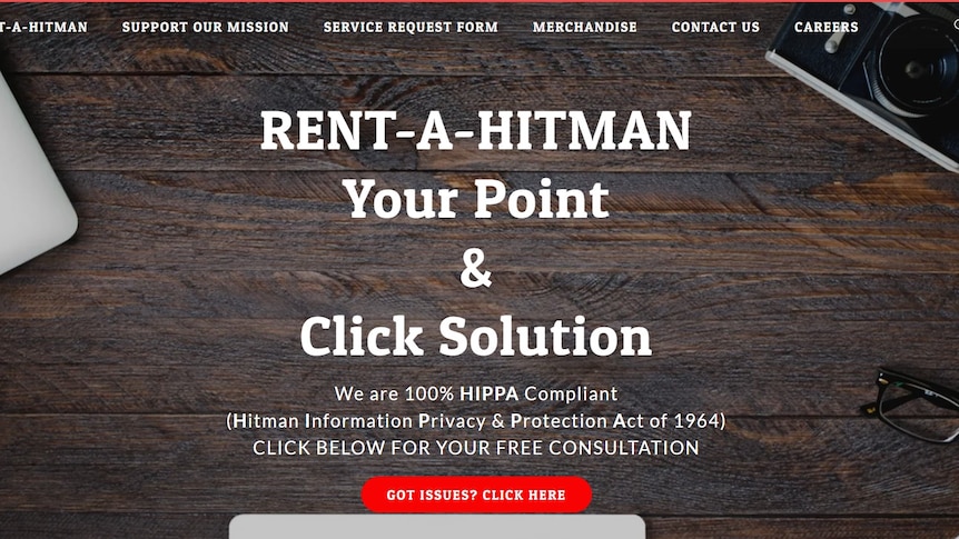 A screenshot of a website with big white letters saying 'rent-a-hitman. Your point & click solution'.
