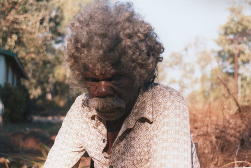 Man with curly grey hair sitting looking at the ground. Morning or evening sun. Bushland.