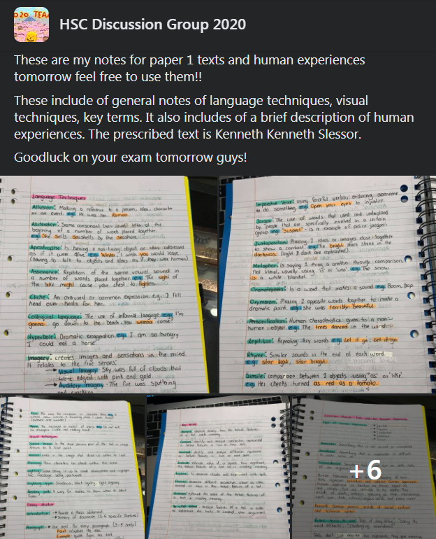 Screenshot of Facebook post with photos of English exam study notes