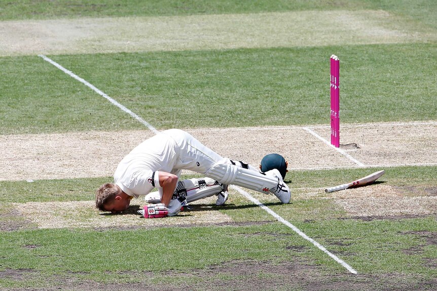 Australia's David Warner kisses the turf after reaching 63 not out against India at the SCG