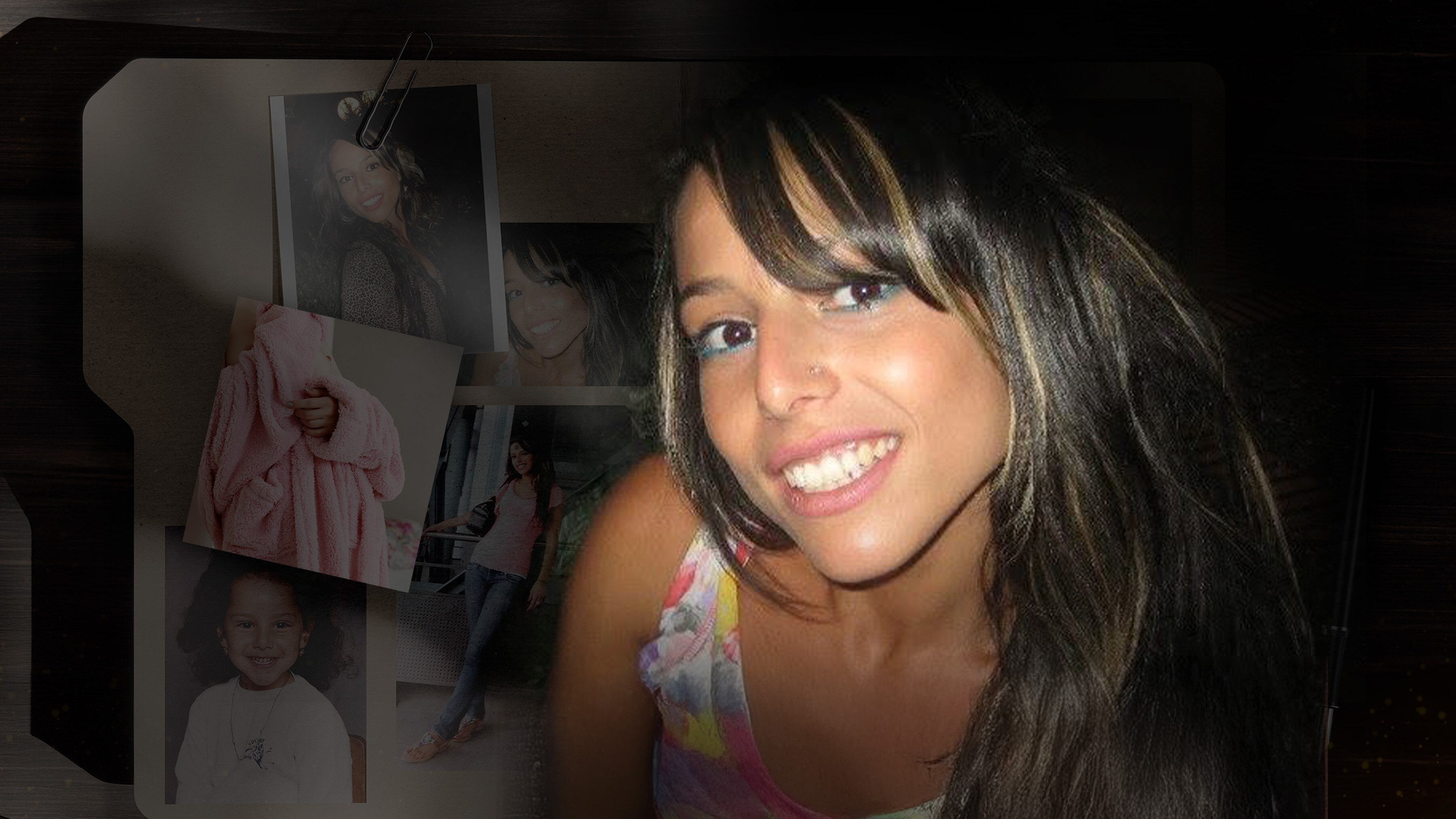 A young woman with long dark hair smiles big looking up. Behind is a collage of images including her as a child and a pink robe
