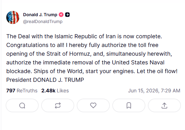 A post from Truth Social by US President Donald Trump announcing Iran peace deal. 