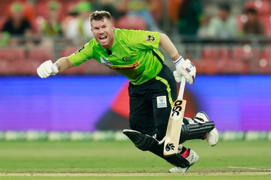 David Warner runs and shouts without a helmet while batting