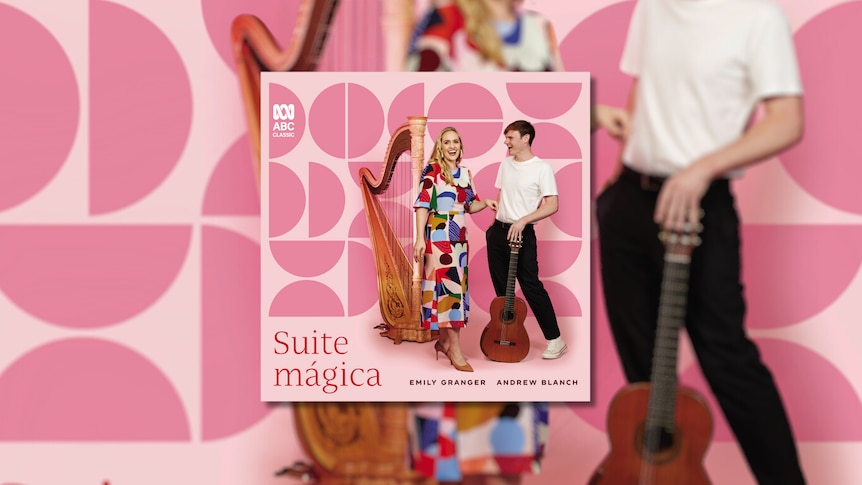 Album cover with Emily Granger with harp & Andrew Blanch with guitar in front of a pink graphic wall. Title reads: Suite magica.