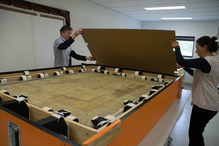 The large map has arrived in Melbourne for restoration and measures 1.8 square metres.