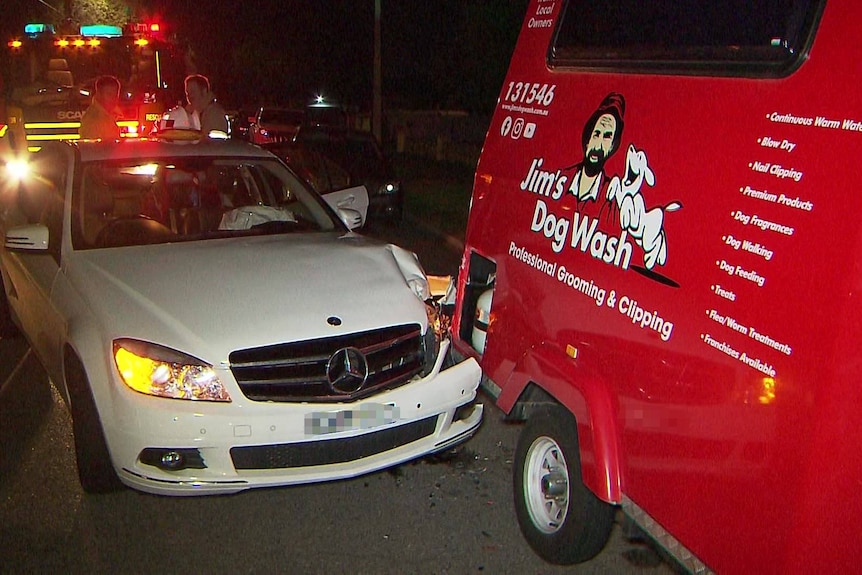 A dog-washing van after it was struck by a Mercedes.