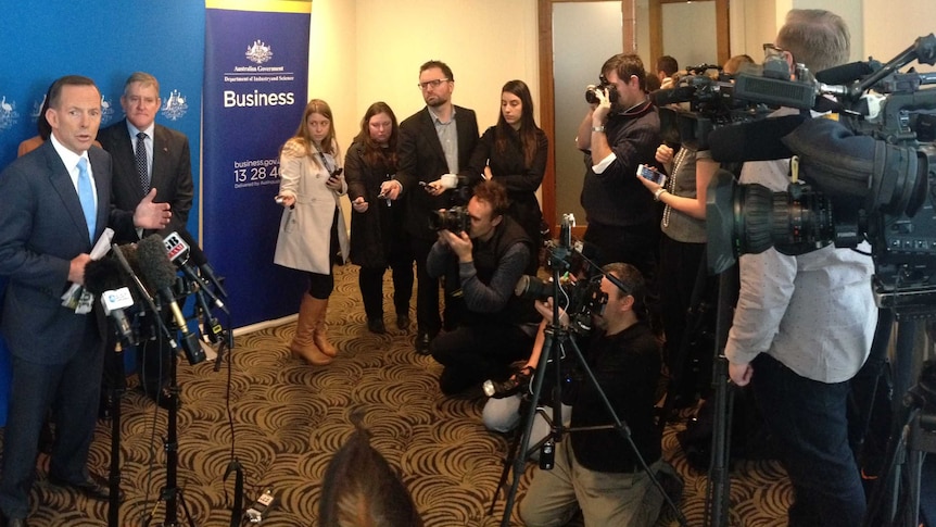 Prime Minister Tony Abbotts faces questions from the media in Geelong.