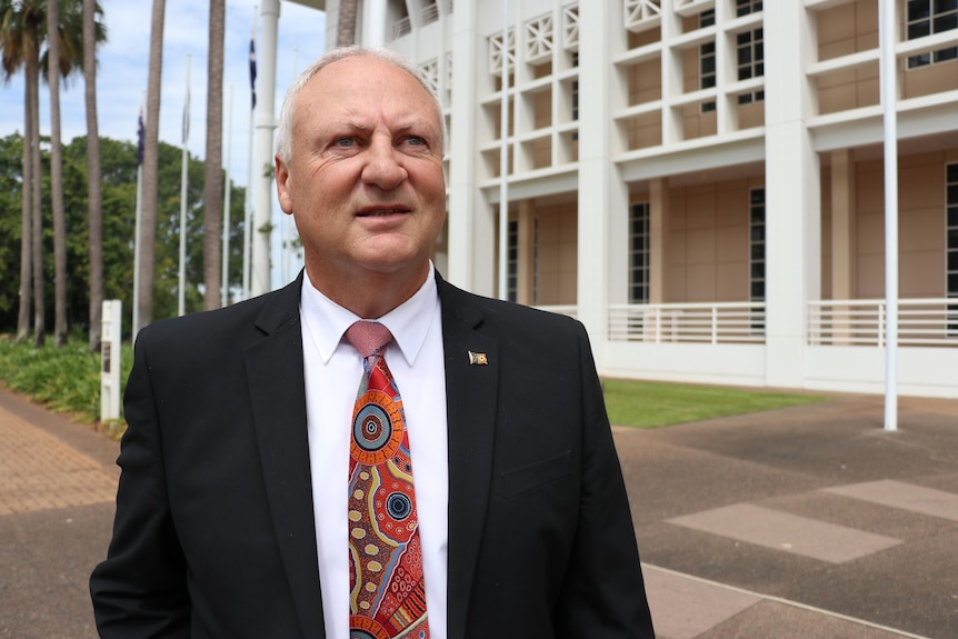 a male politician wearing a suit and tie with an indigenous print