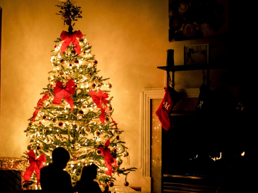 Children sit in front of a Christmas tree.