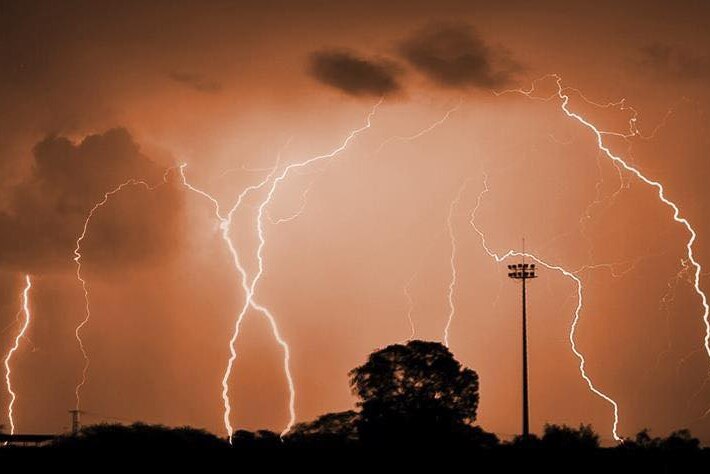 Multiple lightning strikes over Halls Creek in Western Australia.