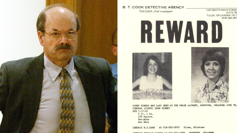 Composite of a balding man with a moustache in a suit and tie and a missing persons poster showing a teenage girl 